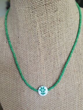 Handmade Green Beaded Necklace with Czech Glass Flower  Pendant